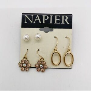 NWT Napier Earrings Set of 3 Pierced Ears Flower Hoops Faux Pearl Gold Tone